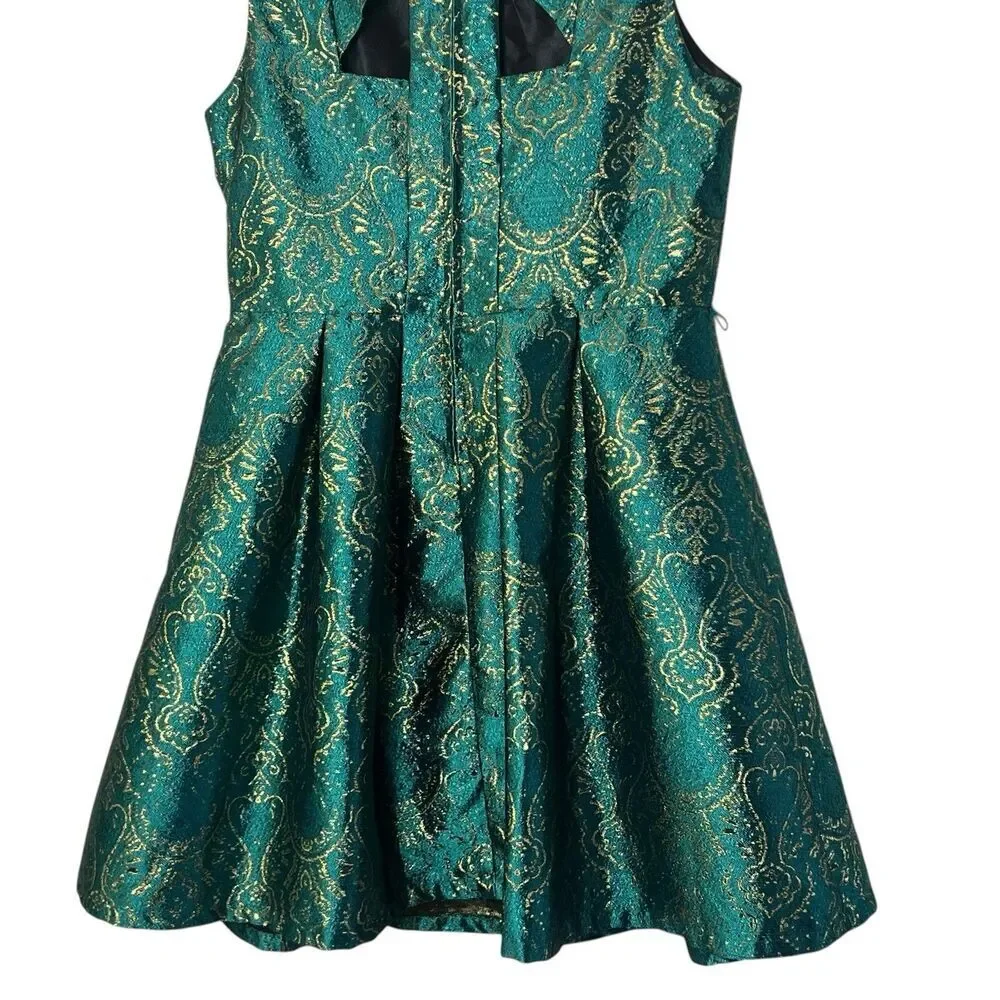 The Children’s Place Girls Dress Size 14 Teal Green Gold Brocade Party Holiday